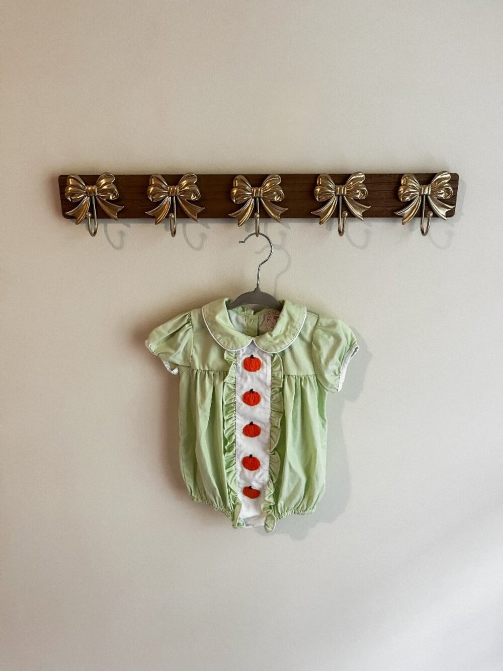 The Anna O Lane 6 Month Green Romper with Pumpkin Embroidery